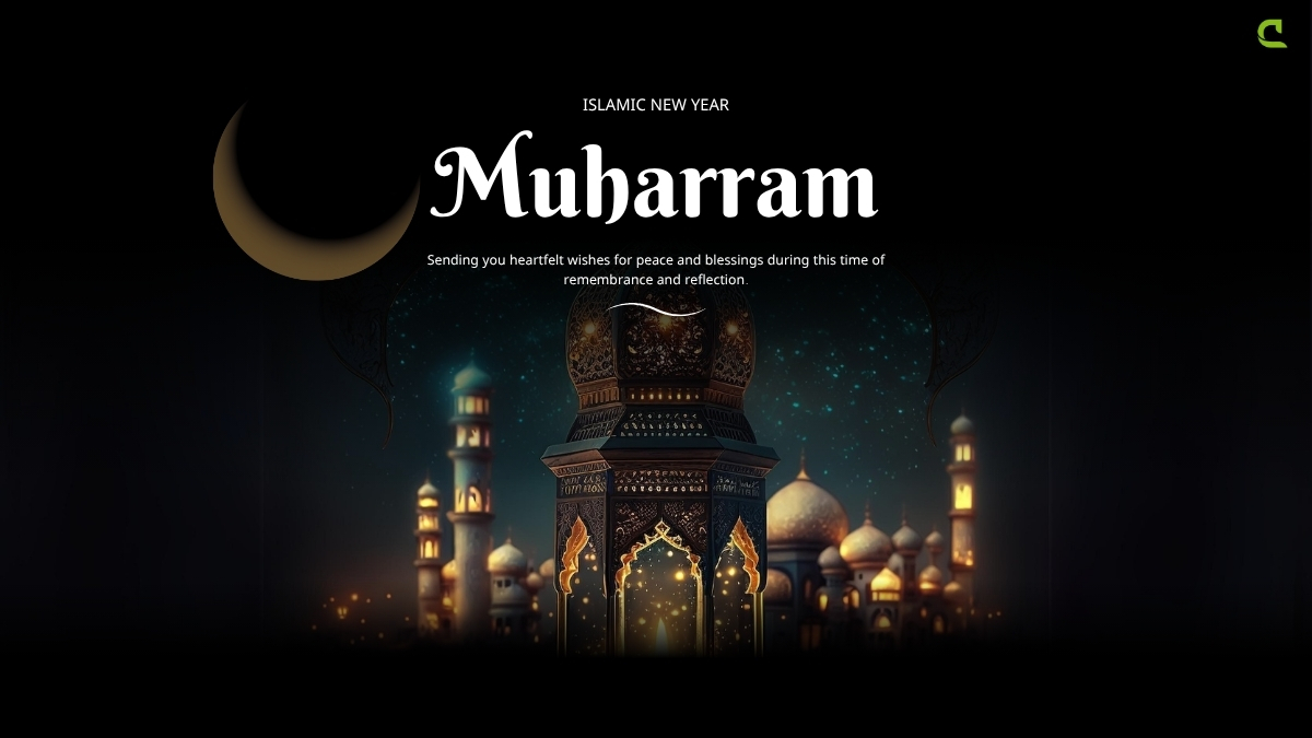 Muharram 2025 poster with Islamic calligraphy and traditional motifs for Islamic New Year commemoration