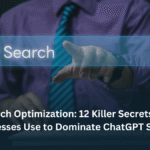Dubai businessman celebrating AI search optimization success with rising revenue graphs and ChatGPT interface