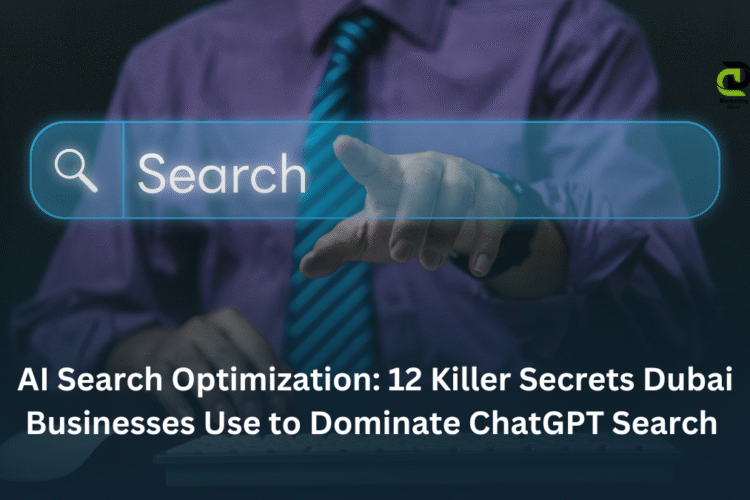 Dubai businessman celebrating AI search optimization success with rising revenue graphs and ChatGPT interface