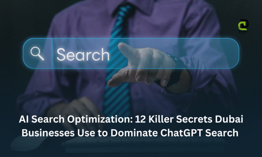 Dubai businessman celebrating AI search optimization success with rising revenue graphs and ChatGPT interface