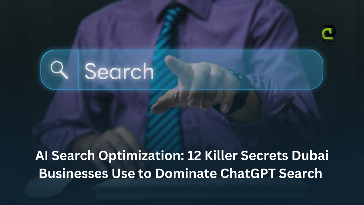 Dubai businessman celebrating AI search optimization success with rising revenue graphs and ChatGPT interface