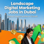 Digital marketing jobs in Dubai with professionals, rising salary graphs, and Dubai skyline, representing job opportunities and career growth