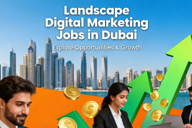 Digital marketing jobs in Dubai with professionals, rising salary graphs, and Dubai skyline, representing job opportunities and career growth