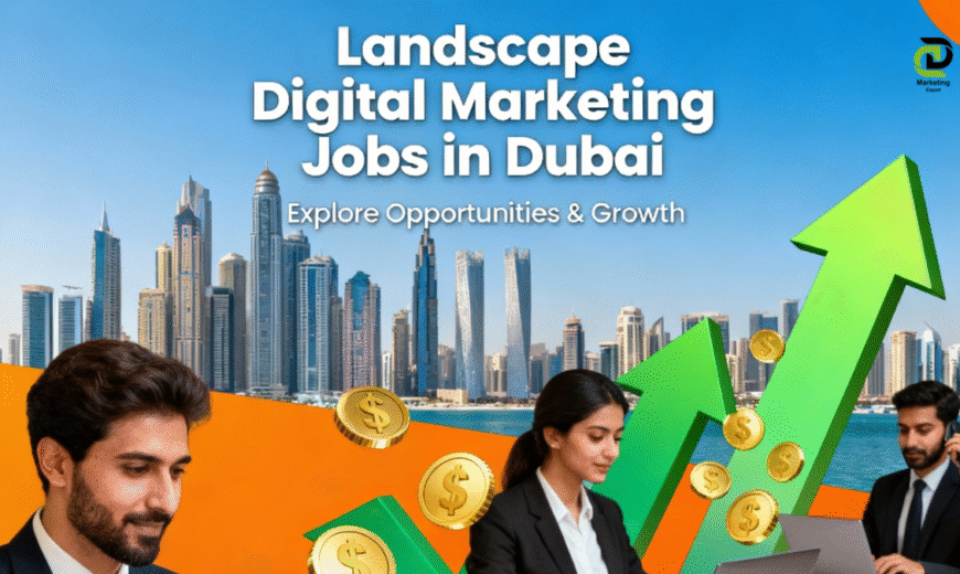 Digital marketing jobs in Dubai with professionals, rising salary graphs, and Dubai skyline, representing job opportunities and career growth