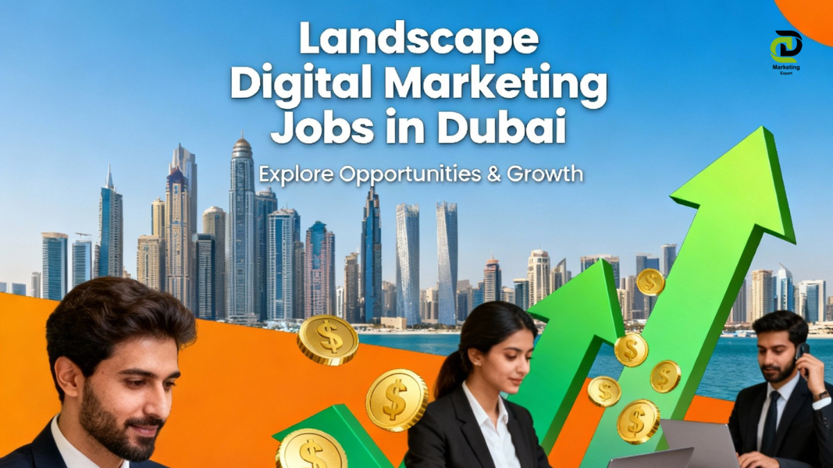 Digital marketing jobs in Dubai with professionals, rising salary graphs, and Dubai skyline, representing job opportunities and career growth