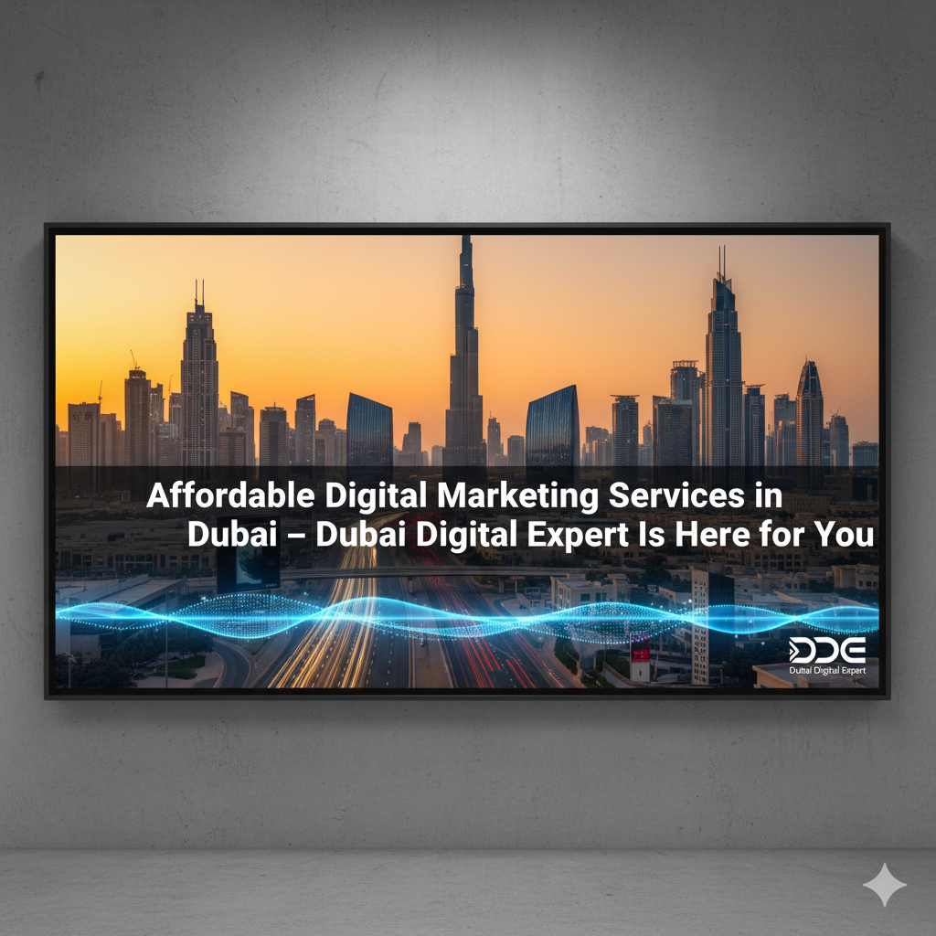 A digital marketing agency's ad in Dubai showing the city's skyline at sunset with the title "Affordable Digital Marketing Services in Dubai by dubai digital expert.