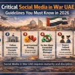 Social Media in War UAE guidelines infographic showing 7 rules for safe and responsible posting during conflict situations in 2026