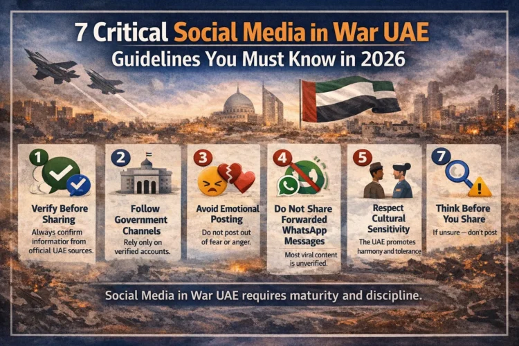 Social Media in War UAE guidelines infographic showing 7 rules for safe and responsible posting during conflict situations in 2026