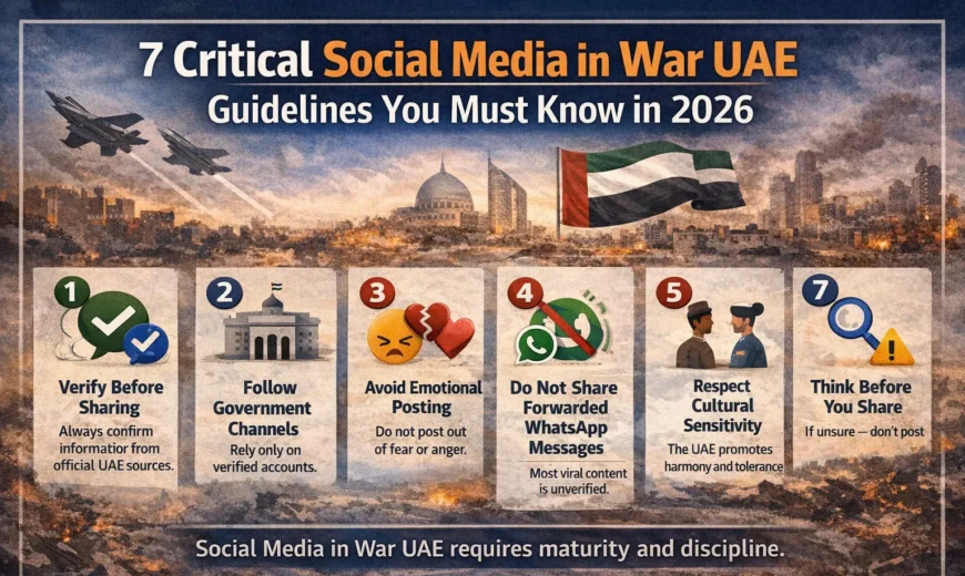 Social Media in War UAE guidelines infographic showing 7 rules for safe and responsible posting during conflict situations in 2026