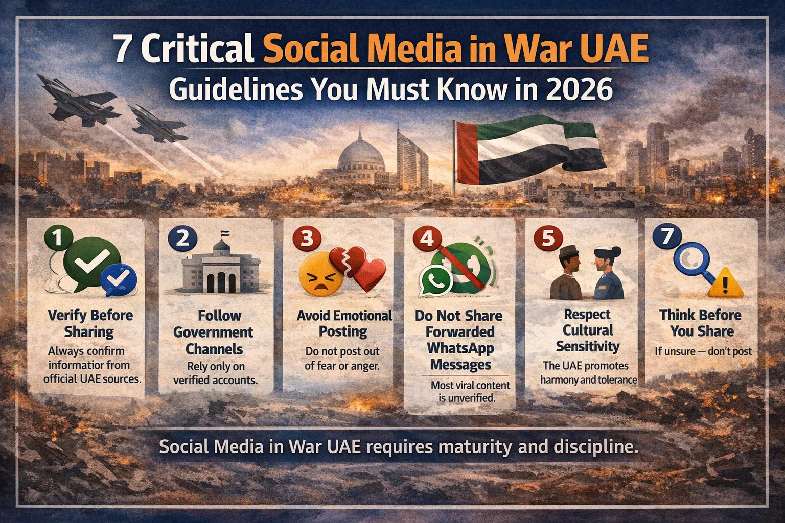 Social Media in War UAE guidelines infographic showing 7 rules for safe and responsible posting during conflict situations in 2026