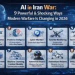 AI in Iran War professional technology infographic showing autonomous drones, cyber warfare systems, predictive intelligence and AI-powered modern military operations