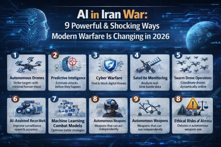 AI in Iran War professional technology infographic showing autonomous drones, cyber warfare systems, predictive intelligence and AI-powered modern military operations